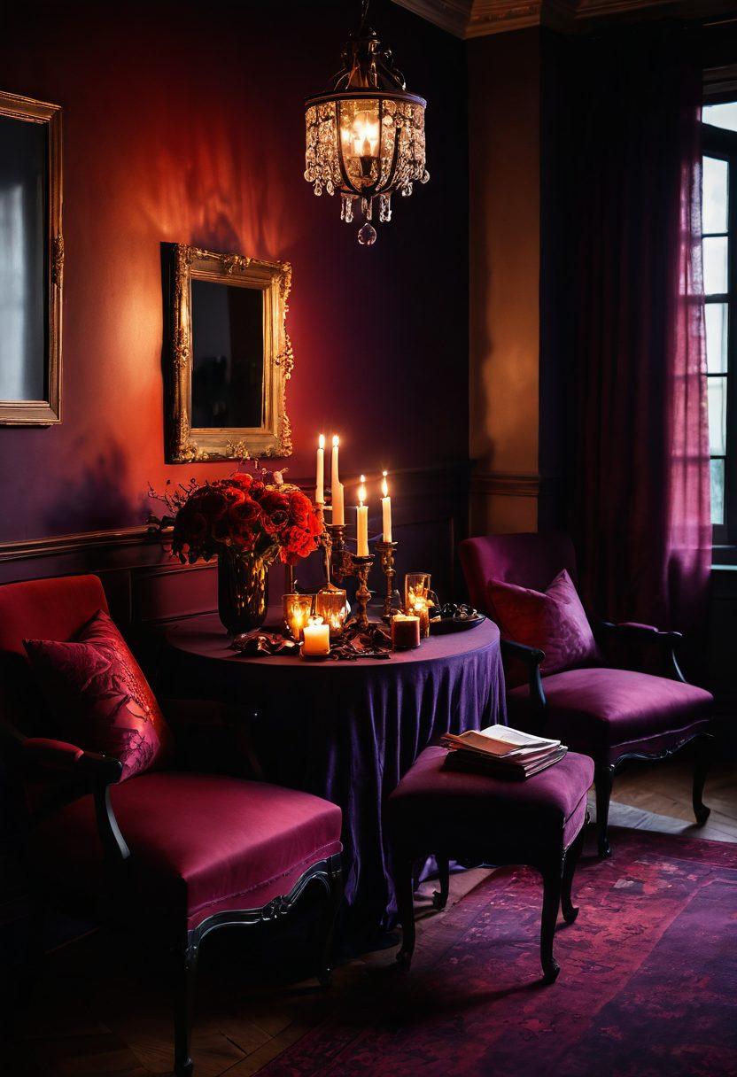 A warm, candlelit room filled with rich textures and soft shadows, showcasing two silhouettes gently intertwining against a backdrop of vibrant red and deep purple hues. Lush fabrics and delicate flowers surround the space, evoking a sense of intimacy and desire. The overall atmosphere should exude warmth, romance, and deep connection. super-realistic. vibrant colors. soft focus.