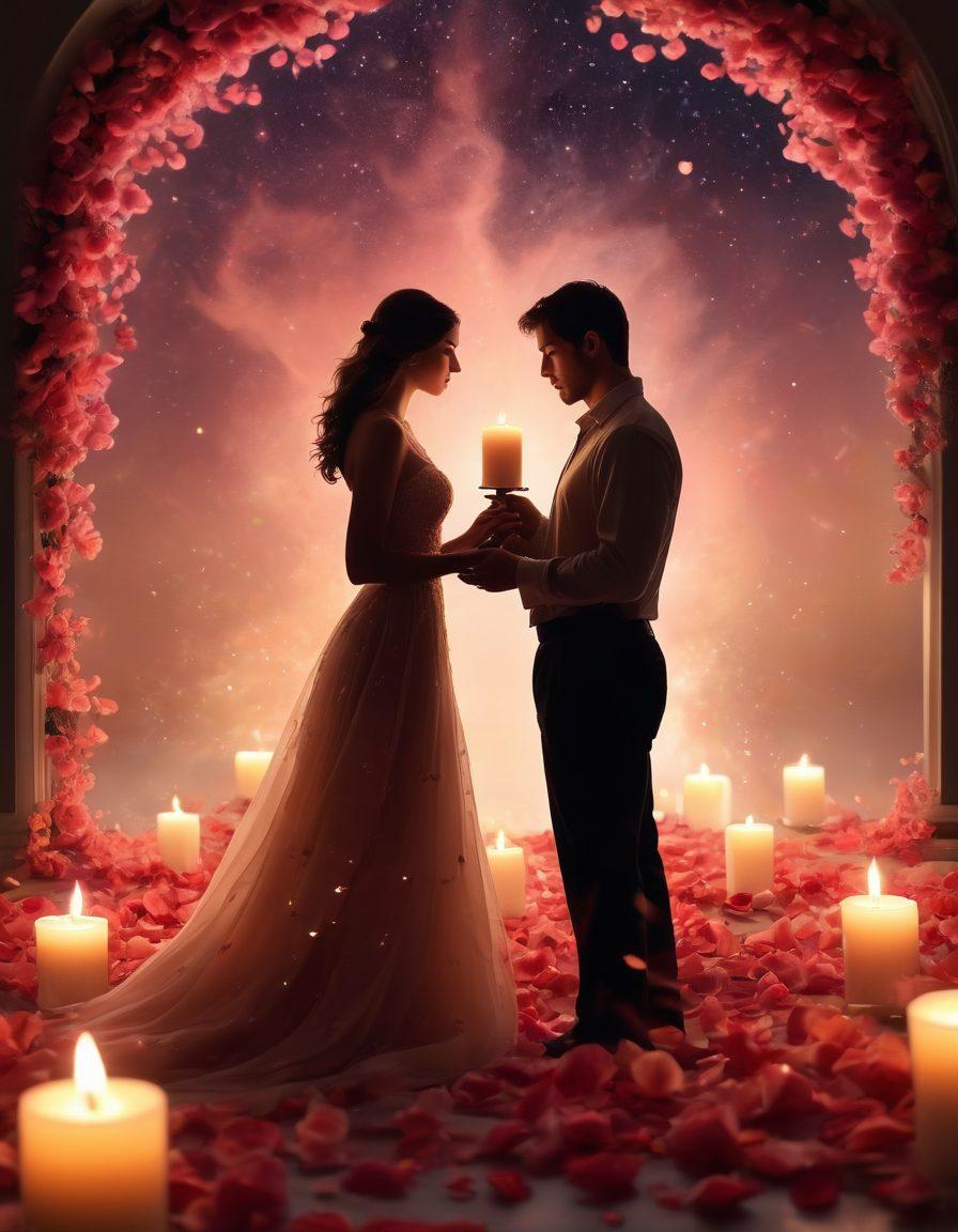 A romantic scene featuring two silhouettes intertwined against a backdrop of swirling, soft colors symbolizing passion and intimacy. Elegant candles casting a warm glow, and delicate rose petals scattered around them suggest a sensual atmosphere. Subtle hints of a starry night sky and soft fabrics evoke feeling and desire. super-realistic. vibrant colors. soft focus.