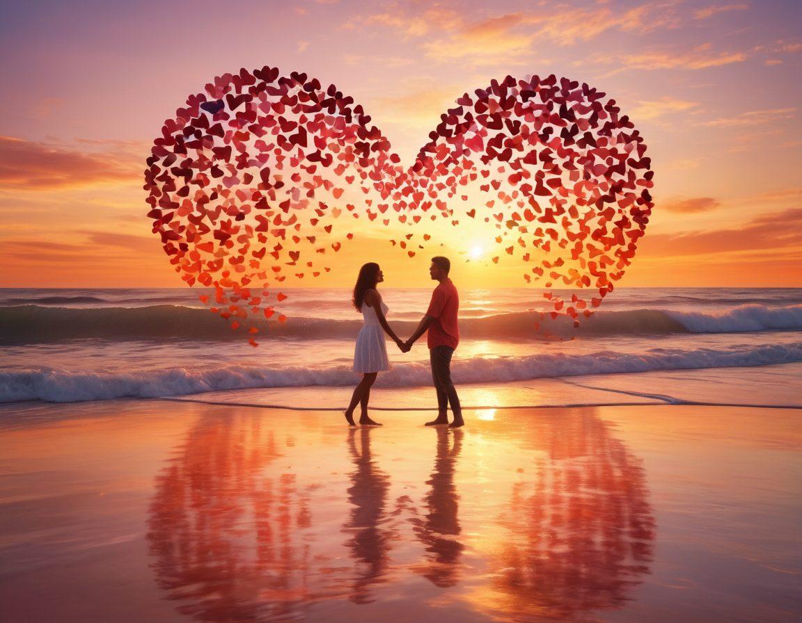 A couple embracing on a vibrant ocean shore, surrounded by abstract heart shapes and playful waves symbolizing connection and boundaries. Soft sunset light illuminating their joyful expressions, with elements of modern romance like smartphones and playful interactions floating nearby. Ethereal butterflies fluttering around symbolize freedom in love. super-realistic. vibrant colors. dreamy atmosphere.